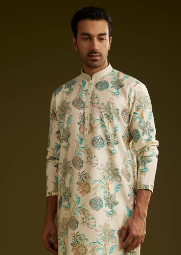 White Silk Kurta Set With Surreal Nature Prints