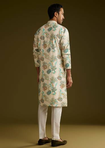 White Silk Kurta Set With Surreal Nature Prints
