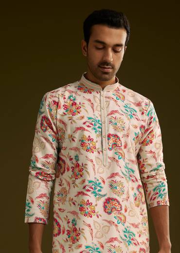White Silk Surreal Nature Motif Kurta Set
