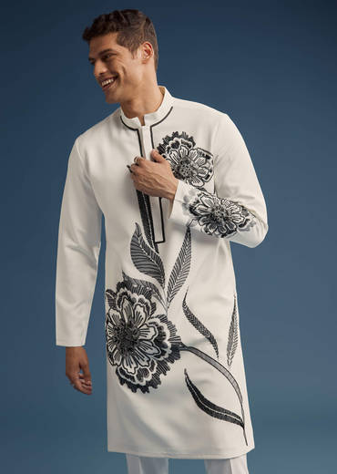 White Suiting Fabric Kurta Set For Men With Floral Print
