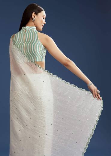White Tissue Saree With Contrast Border