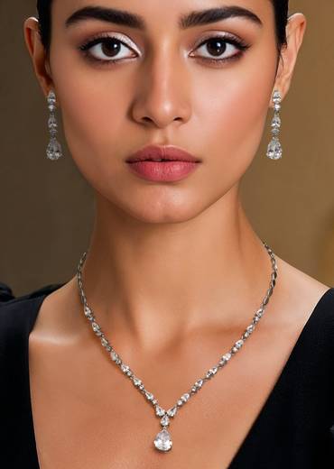 White Zircon Stone Drop Pendant Necklace and Earring Set