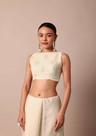 White Chikankari Saree In Organza Silk With Beaded Scallop Detail And Unstitched Blouse Fabric