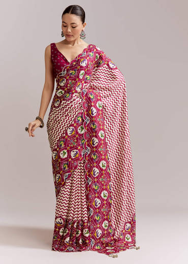 Wine And Off White Satin Saree With Ikat-Style Floral Birds Border