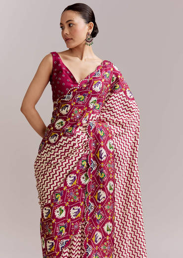 Wine And Off White Satin Saree With Ikat-Style Floral Birds Border