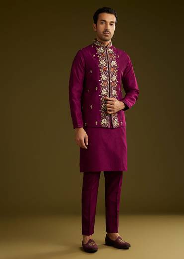 Wine Cotton Silk Kurta Set With Embroidered Lapel Jacket