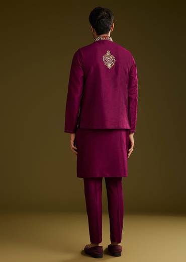 Wine Cotton Silk Kurta Set With Embroidered Lapel Jacket