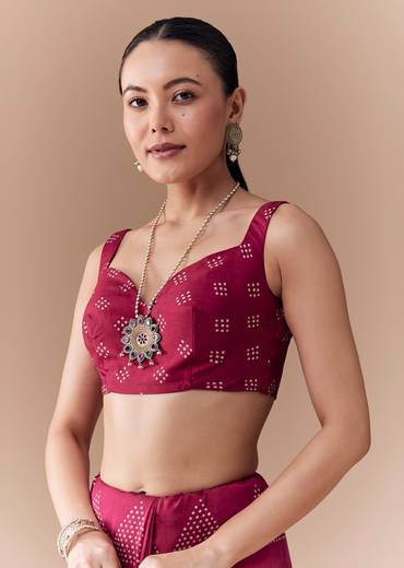 Wine Crepe Bandhani Print Saree with Blouse Fabric