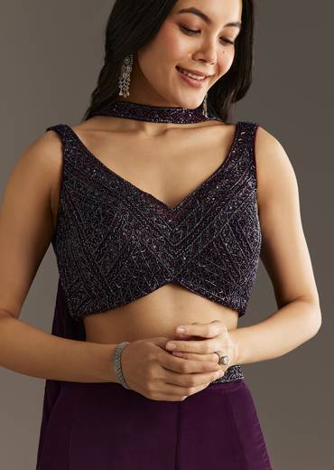 Wine Crepe Crop Top With Embroidered Palazzo And Choker Dupatta