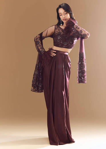 Wine Crop Top Skirt Set with Dupatta