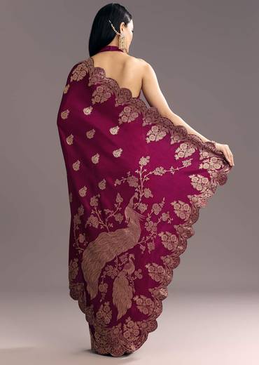 Wine Dola Silk Woven Motif Saree With Scallop Border