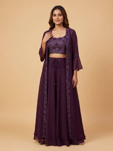 Wine Embroidered Jacket Set With Sequins Work