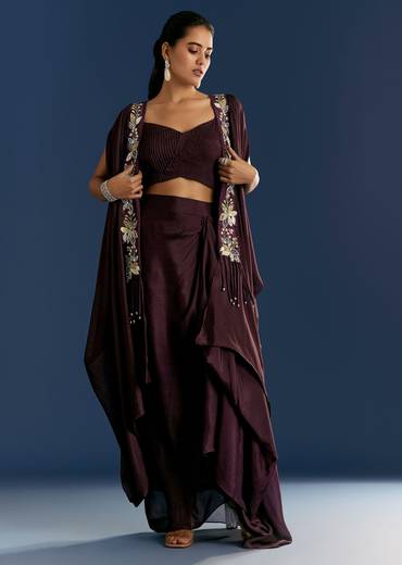 Wine Georgette Pintuck Croptop And Fancy Skirt With Embroidered Cape