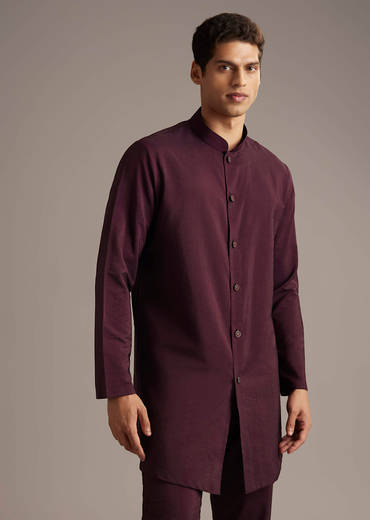 Wine Indo Western Set For Men With Cutdana Embroidery