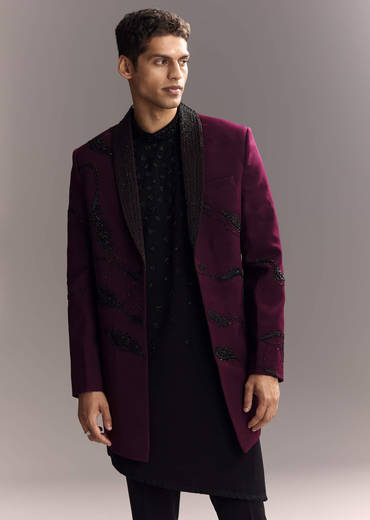 Wine Indo Western Set For Men With Heavy Hand Work