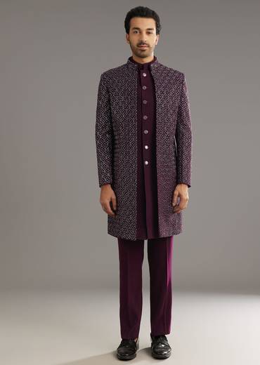 Wine Indo Western Set With Embellished Salli And Diamond Work