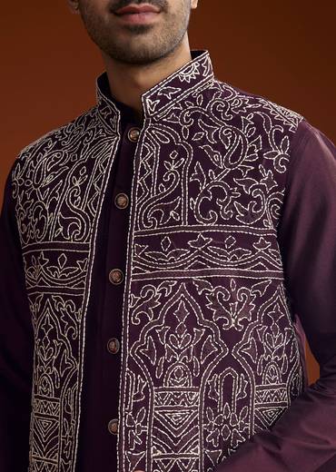 Wine Jacket Kurta Set With Thread Resham Embroidery