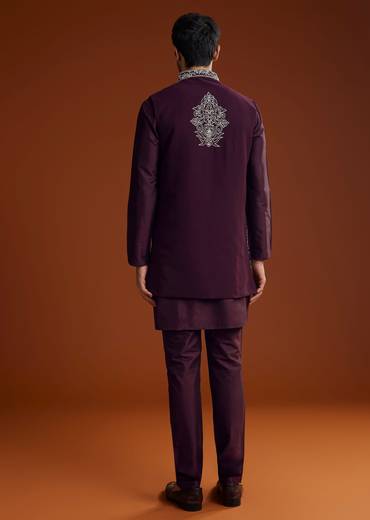 Wine Jacket Kurta Set With Thread Resham Embroidery