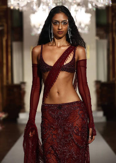 Wine Net Bridal Indo Western Fishcut Skirt Set With Hand Embroidery