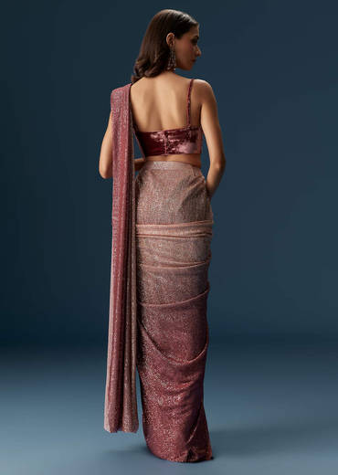 Wine Ombre Pre Pleated Saree With Sequins And Velvet Blouse
