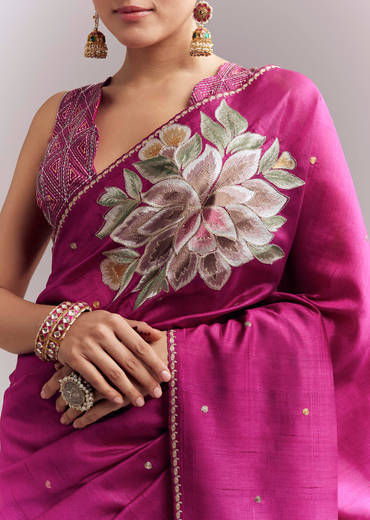 Wine Organza Silk Saree With Floral Thread Embroidery And Cutwork