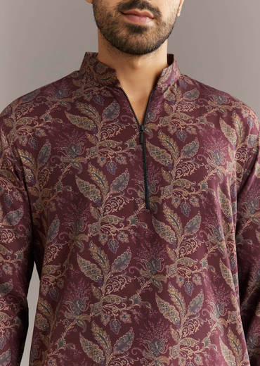 Wine Pashmina Silk Kurta Set With Vine Print Motifs