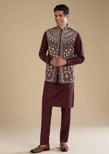Wine Rayon Jacket Kurta Set with Gotta Work