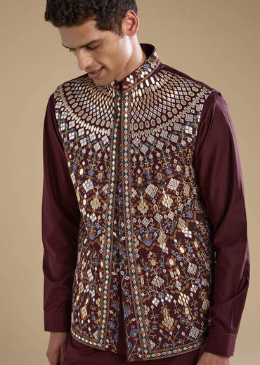 Wine Rayon Jacket Kurta Set with Gotta Work