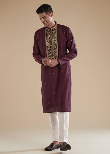Wine Red Silk Kurta Set With Thread Resham Work