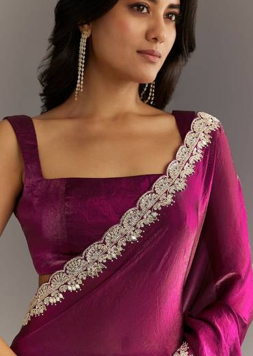 Wine Satin Embroidered Saree With Gota Patti And Zardosi Work