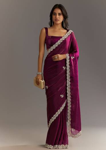 Wine Satin Embroidered Saree With Gota Patti And Zardosi Work