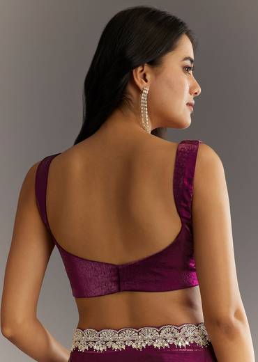 Wine Satin Embroidered Saree With Gota Patti And Zardosi Work