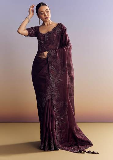 Wine Satin Saree With Heavy Floral Embroidery In Sequins And Cutdana