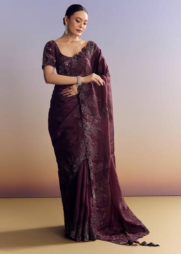 Wine Satin Saree With Heavy Floral Embroidery In Sequins And Cutdana