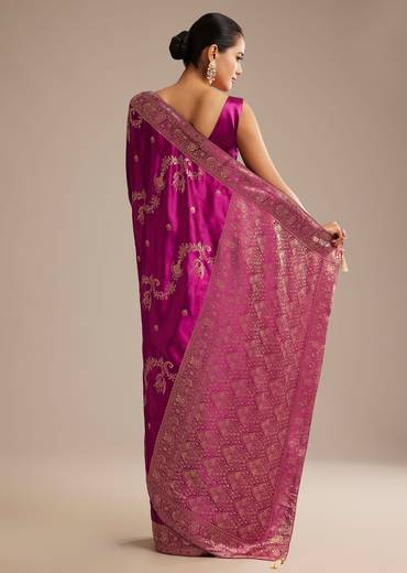 Wine Satin Saree With Zari Woven Work