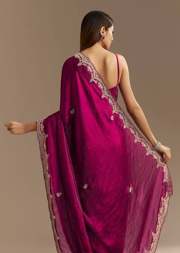 Wine Satin Sequins Saree With Zardosi Cutdana Embroidery And Scallop Border