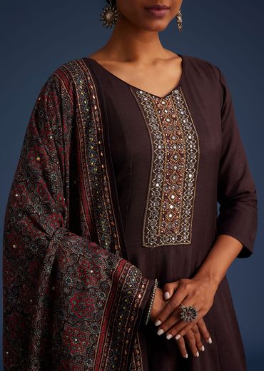 Wine Silk Anarkali Set With Ajrakh Print Dupatta