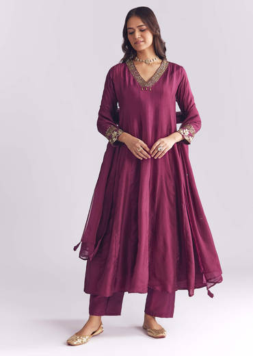 Wine Silk Anarkali Suit With Sequins And Cutdana Work