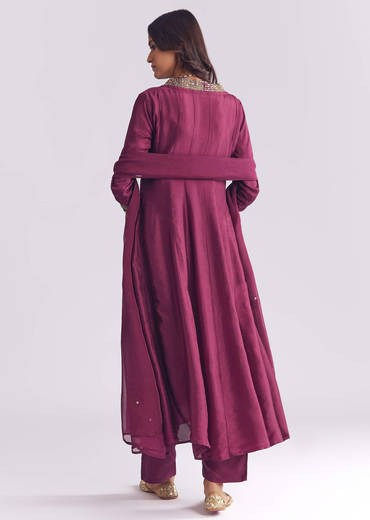 Wine Silk Anarkali Suit With Sequins And Cutdana Work