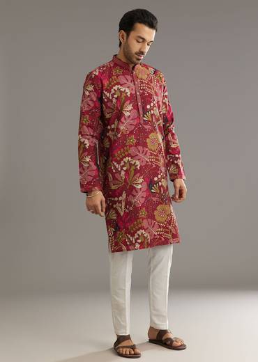 Wine Silk Kurta Set With Stone Embellishment