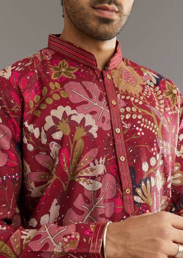 Wine Silk Kurta Set With Stone Embellishment
