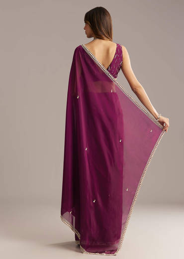 Wine Silk Saree With Stone And Sequin Embroidery