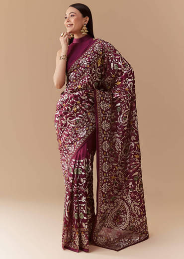 Wine Tissue Organza Embroidered Saree with Unstitched Blouse