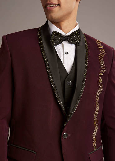 Wine Tuxedo For Men With Cutdana Embroidery