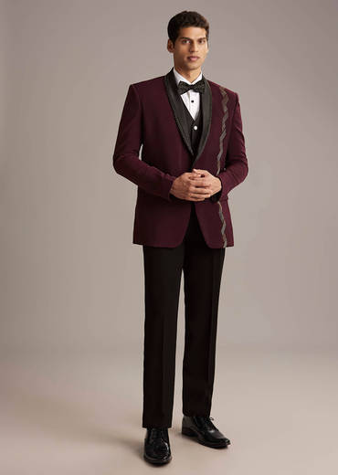 Wine Tuxedo For Men With Cutdana Embroidery