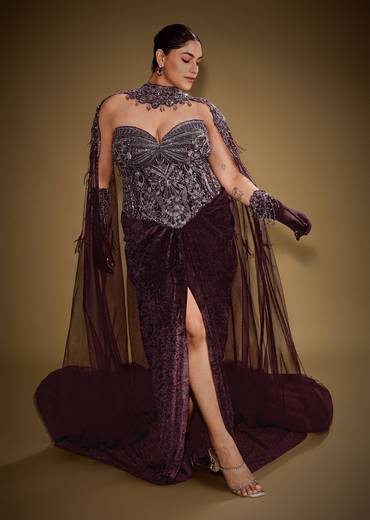 Wine Velvet Corset Set With Drape Skirt And Embroidered Cape