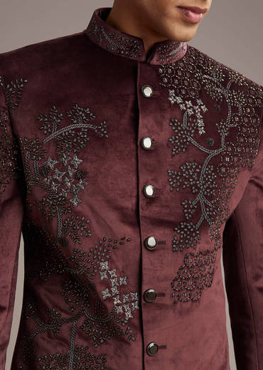 Wine Velvet Indo Western Set For Men With Intricate Hand Embroidery