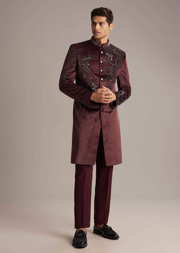 Wine Velvet Indo Western Set For Men With Intricate Hand Embroidery