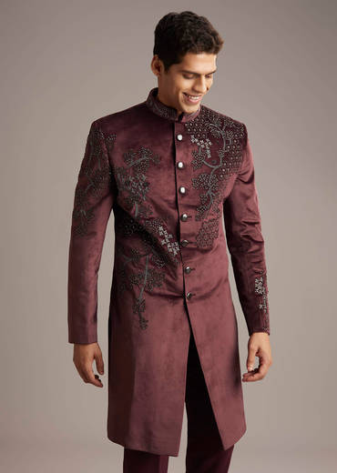 Wine Velvet Indo Western Set For Men With Intricate Hand Embroidery