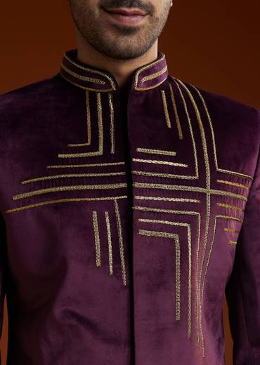 Wine Velvet Jodhpuri Kurta Trouser Set With Zari Embroidery